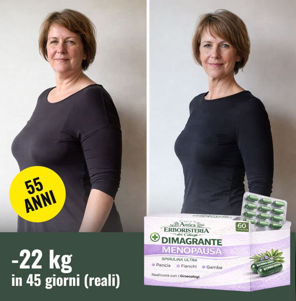 Donna prima e dopo perdita di peso con integratori Dimagrante Menopausa.