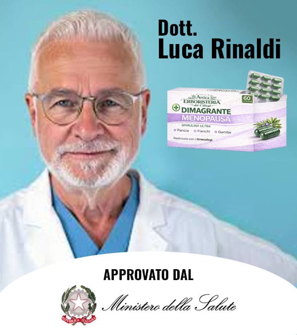 Dott. Luca Rinaldi con prodotti erboristici per menopausa e salute femminile.
