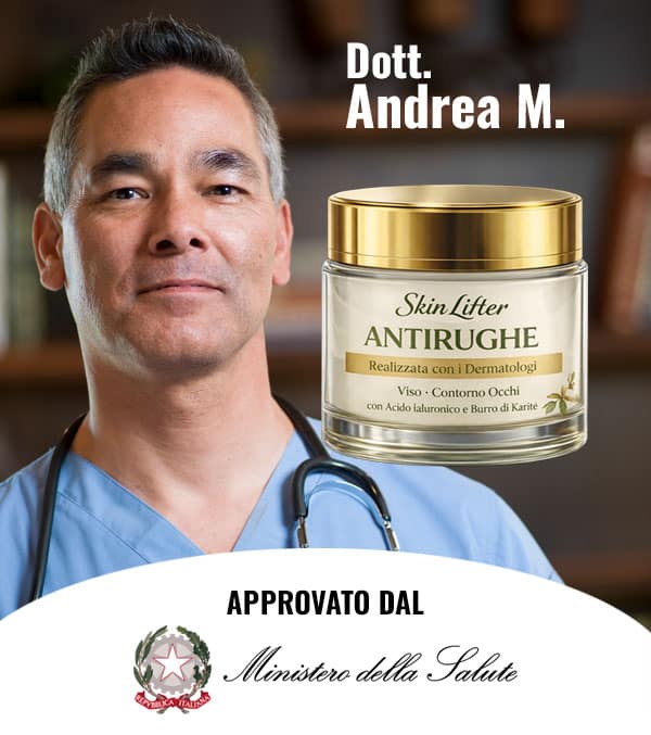 Dott. Andrea M. con crema Skin Lifter Antirughe, prodotto per la cura della pelle.