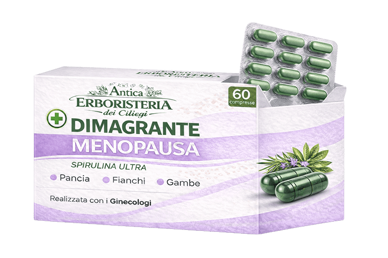 Integratore di spirulina per menopausa con capsule verdi e confezione.