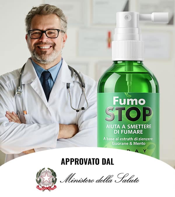 FumoStop spray naturale a base di estratti di zenzero, guaranà e menta.