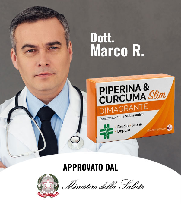 Dott. Marco R. con confezione di Piperina e Curcuma Slim dimagrante.