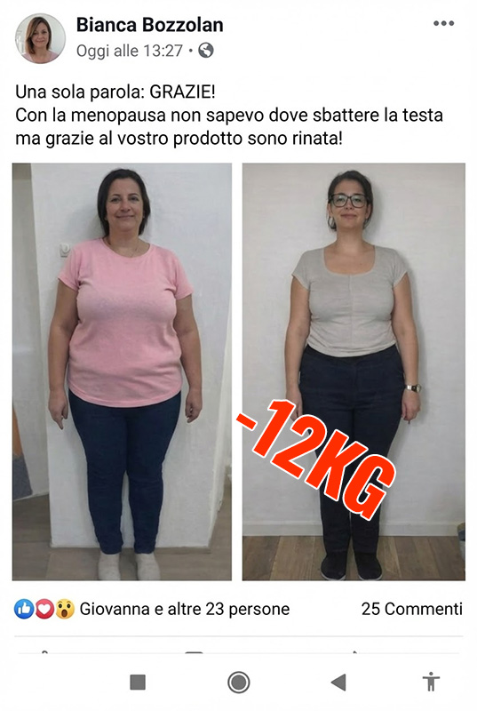 Bianca prima e dopo la perdita di peso di 12kg con Piperina e Curcuma.