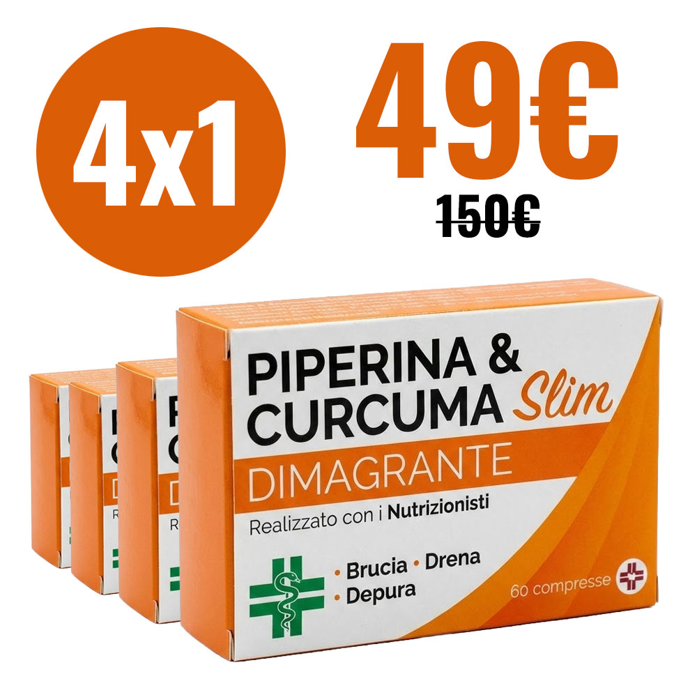 Box di integratori Piperina e Curcuma Slim in promozione 4x1.