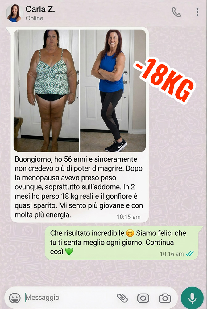 Donna prima e dopo la perdita di 18kg, mostra il progresso.