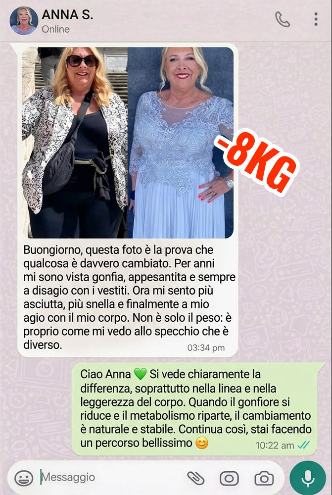 Prima e dopo la perdita di peso di Anna S. con Piperina e Curcuma.