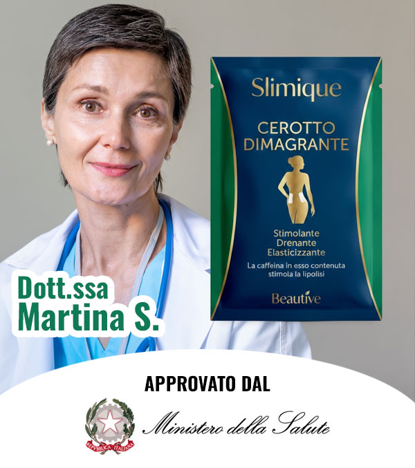 Cerotto Slimique dimagrante con donna professionale in camice bianco.