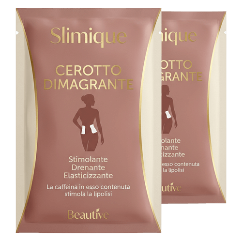 Cerotto dimagrante Slimique con donna silhouette e foglie di tè verde.