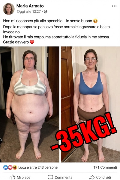 Donna prima e dopo la perdita di peso di 35kg con spirulina.