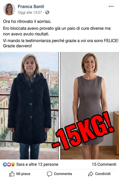 Donna prima e dopo la perdita di peso di 15kg con spirulina.