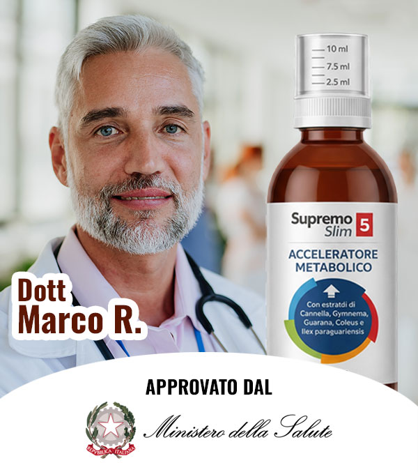 Bottiglia di Supremo Slim con dottore e logo del Ministero della Salute.