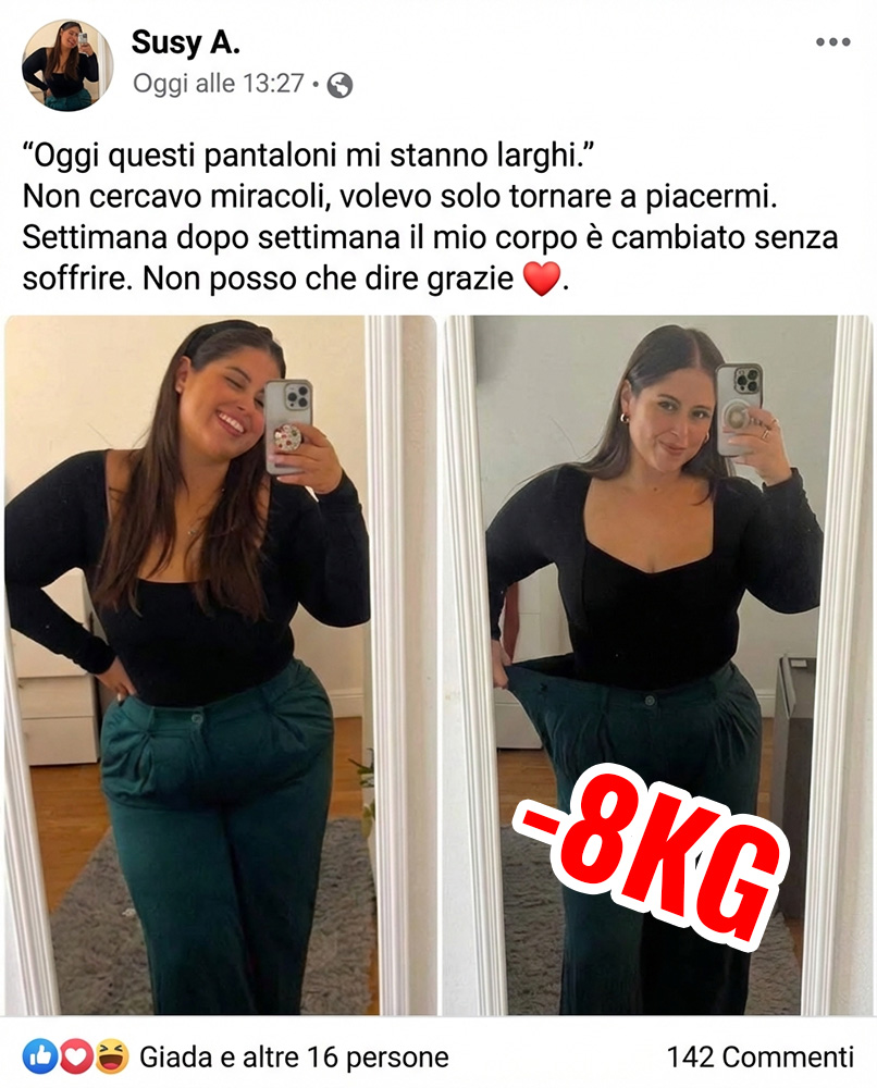 Donna felice mostra la sua trasformazione prima e dopo.