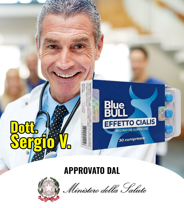Dott. Sergio V. con confezione di Blue Bull Effetto Cialis.