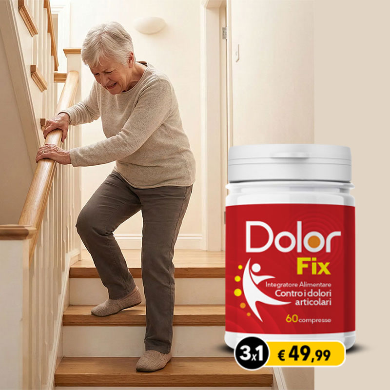 Donna anziana che utilizza le scale con dolore alle articolazioni.