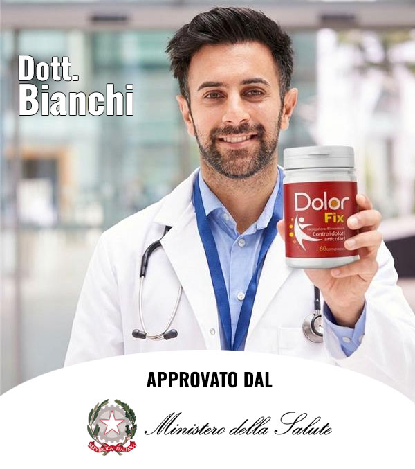 Dott. Bianchi con il prodotto Dolor Fix in mano, promozione di un integratore per il dolore.