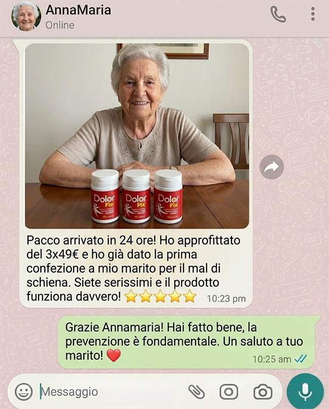 Donna anziana con tre confezioni di Dolorfix, integratore naturale per il dolore.