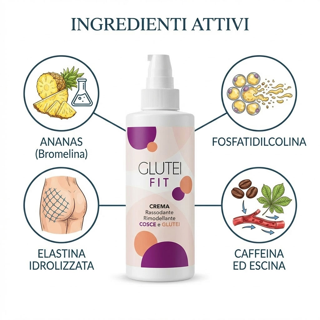 Crema rassodante GluteiFit con ananas, elastina, fosfatidilcolina e caffeina.