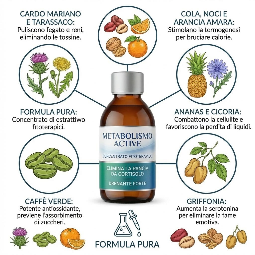 Integratore naturale per il metabolismo attivo con erbe e frutta.