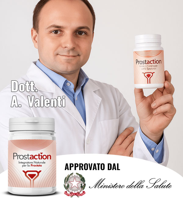 Dott. A. Valenti con integratore ProstaAction per la prostata.