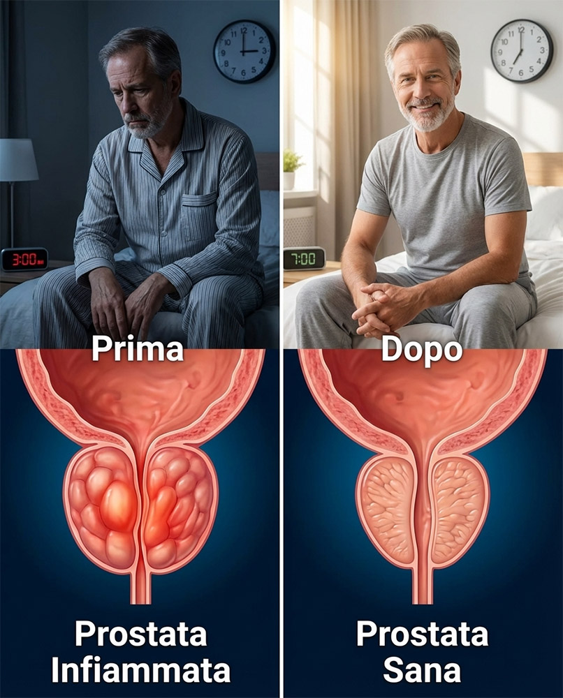Confronto tra prostata infiammata e sana con immagini illustrative.