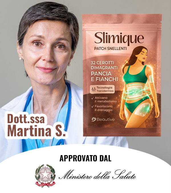 Integratore Slimique con donna in abbigliamento sportivo e confezione.