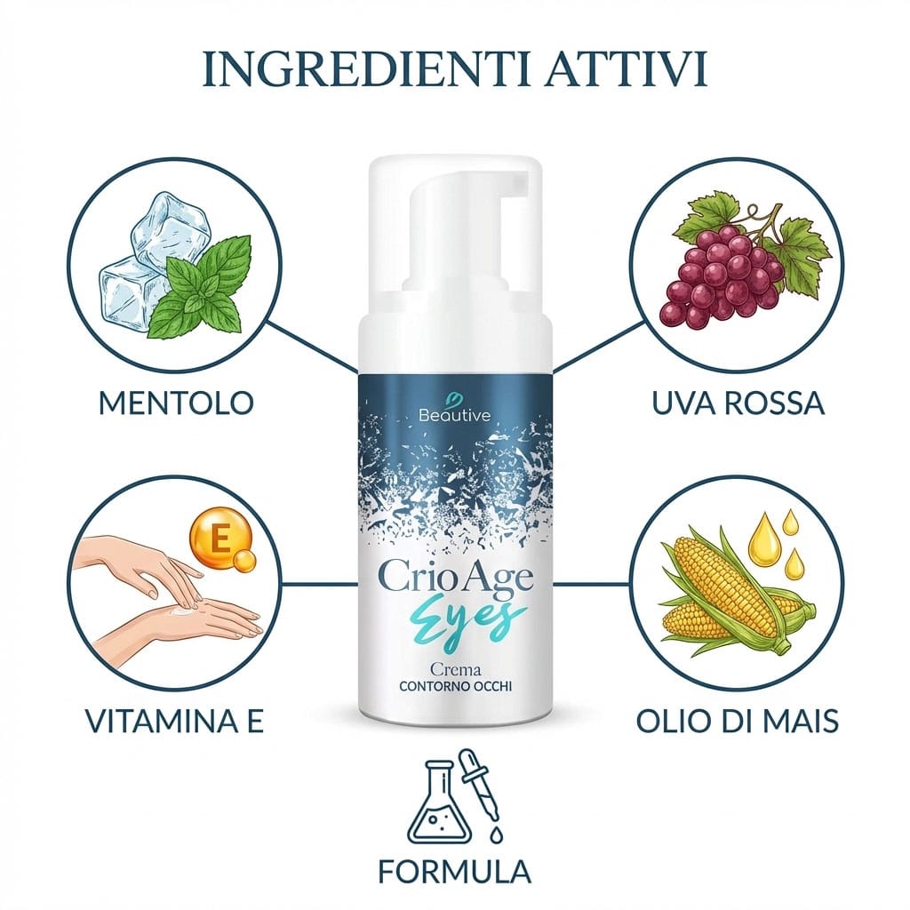 Crema contorno occhi con ingredienti naturali come mentolo e uva rossa.
