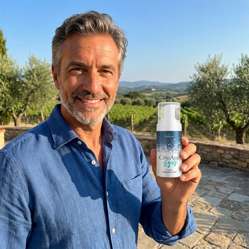 Uomo con prodotto Crio Age Eyes in un paesaggio naturale.