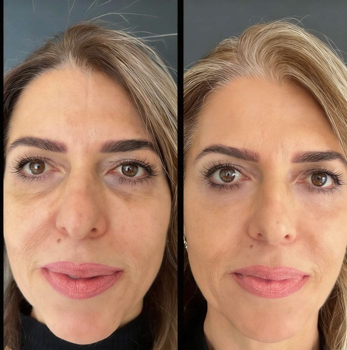 Prima e dopo trattamento Crio Age Eyes su donna.
