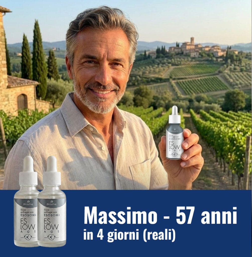 Uomo di 57 anni con prodotto naturale in vigneto toscano.