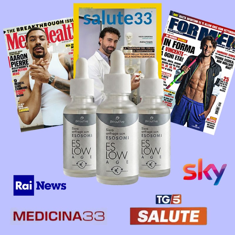 Integratore ESOSOMI per Eslow Age Uomo con riviste di salute e fitness.