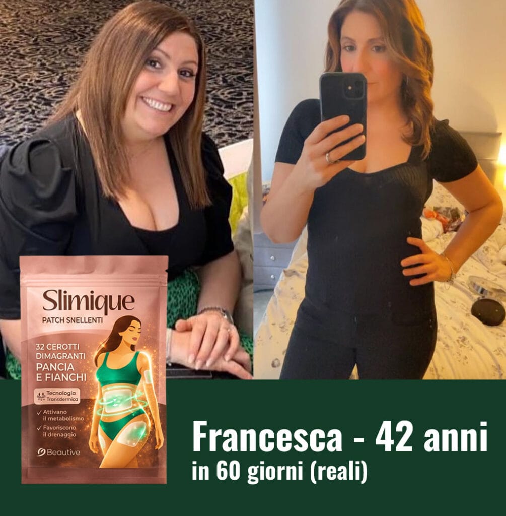 Donna felice con prodotto Slimique per la perdita di peso.
