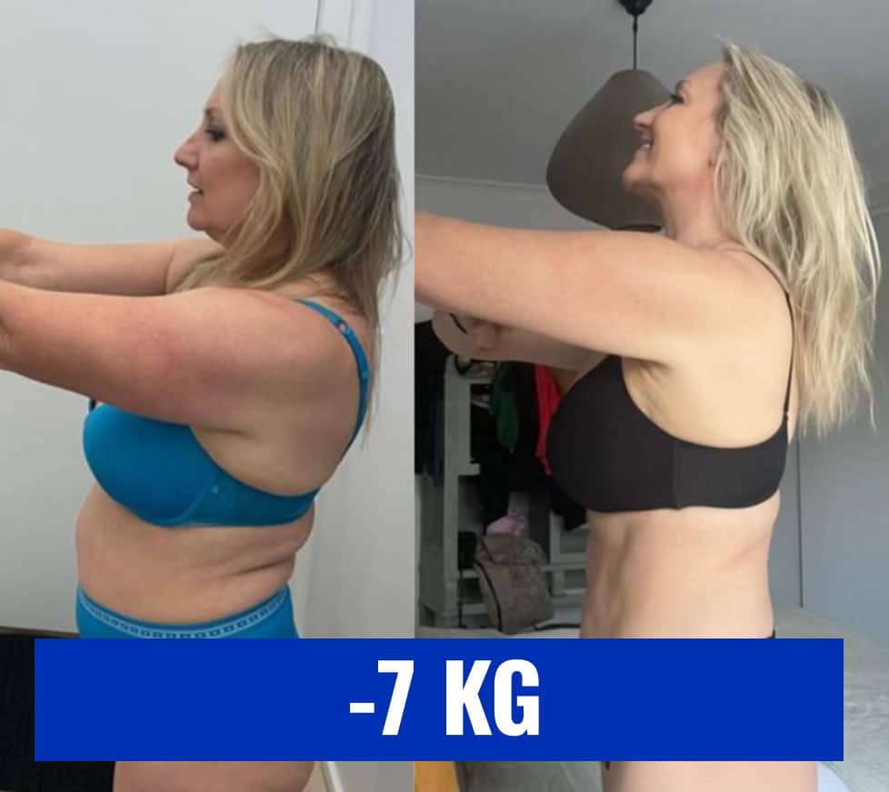 Donna che mostra la perdita di peso di 7 kg con esercizi.