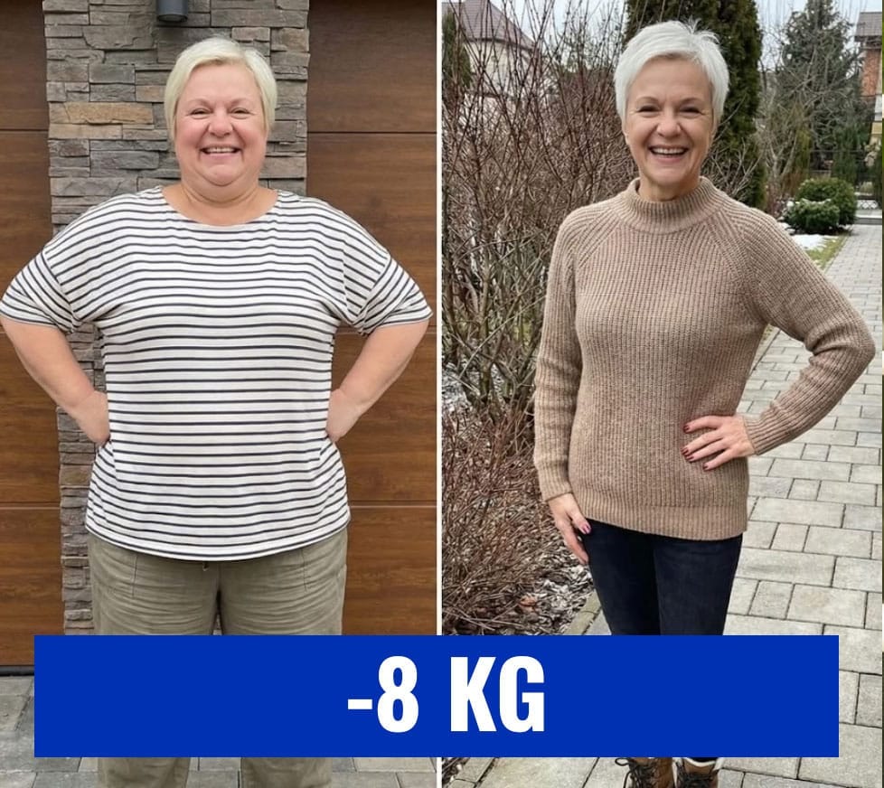 Donna felice prima e dopo la perdita di peso di 8 kg.