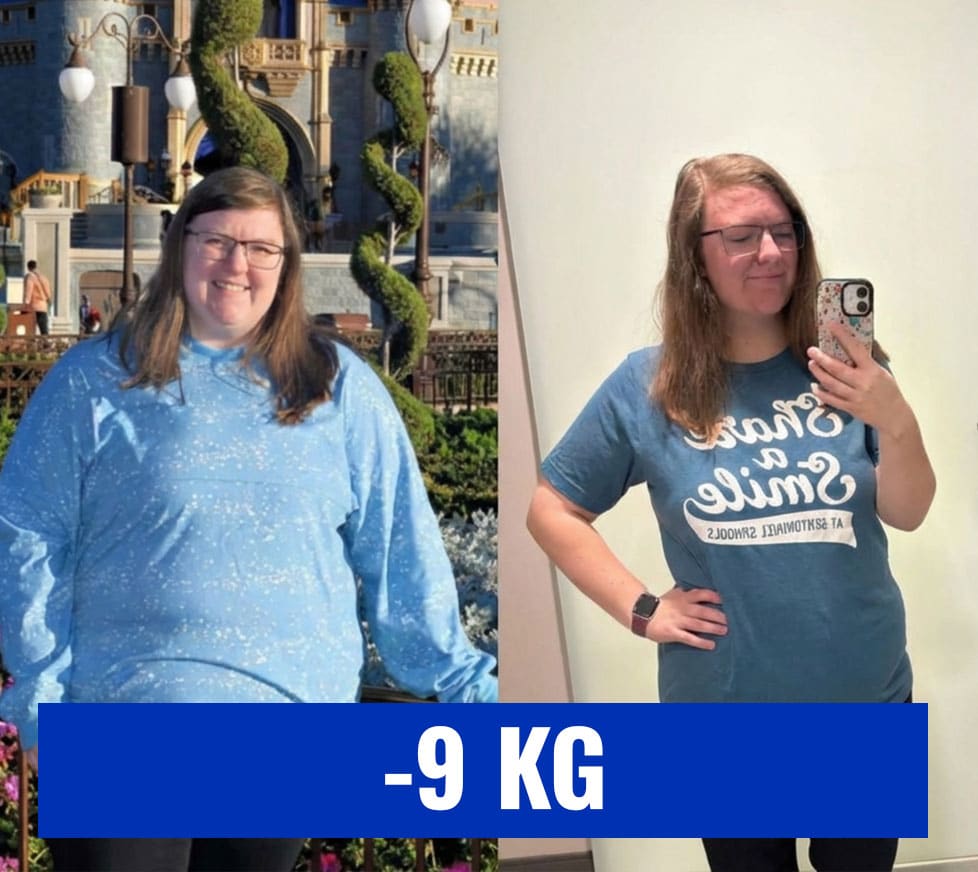 Donna felice mostra perdita di peso di 9 kg con foto prima e dopo.