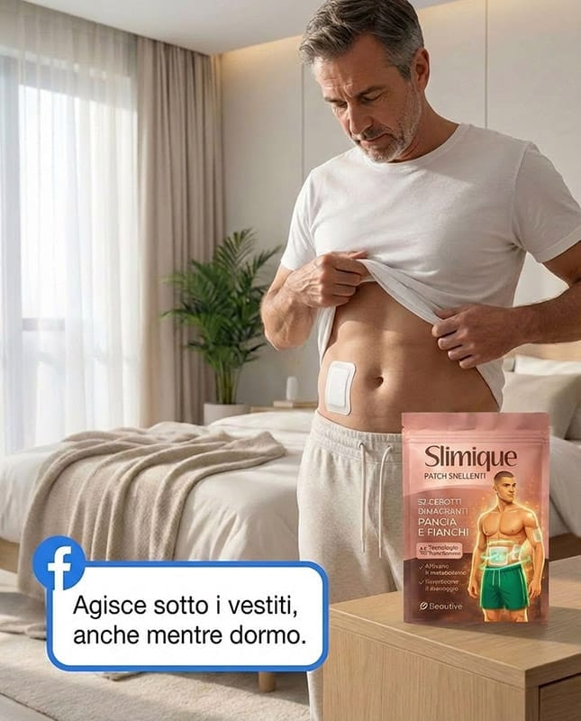 Uomo che applica Slimique Patch Snellente sulla pancia in camera da letto.