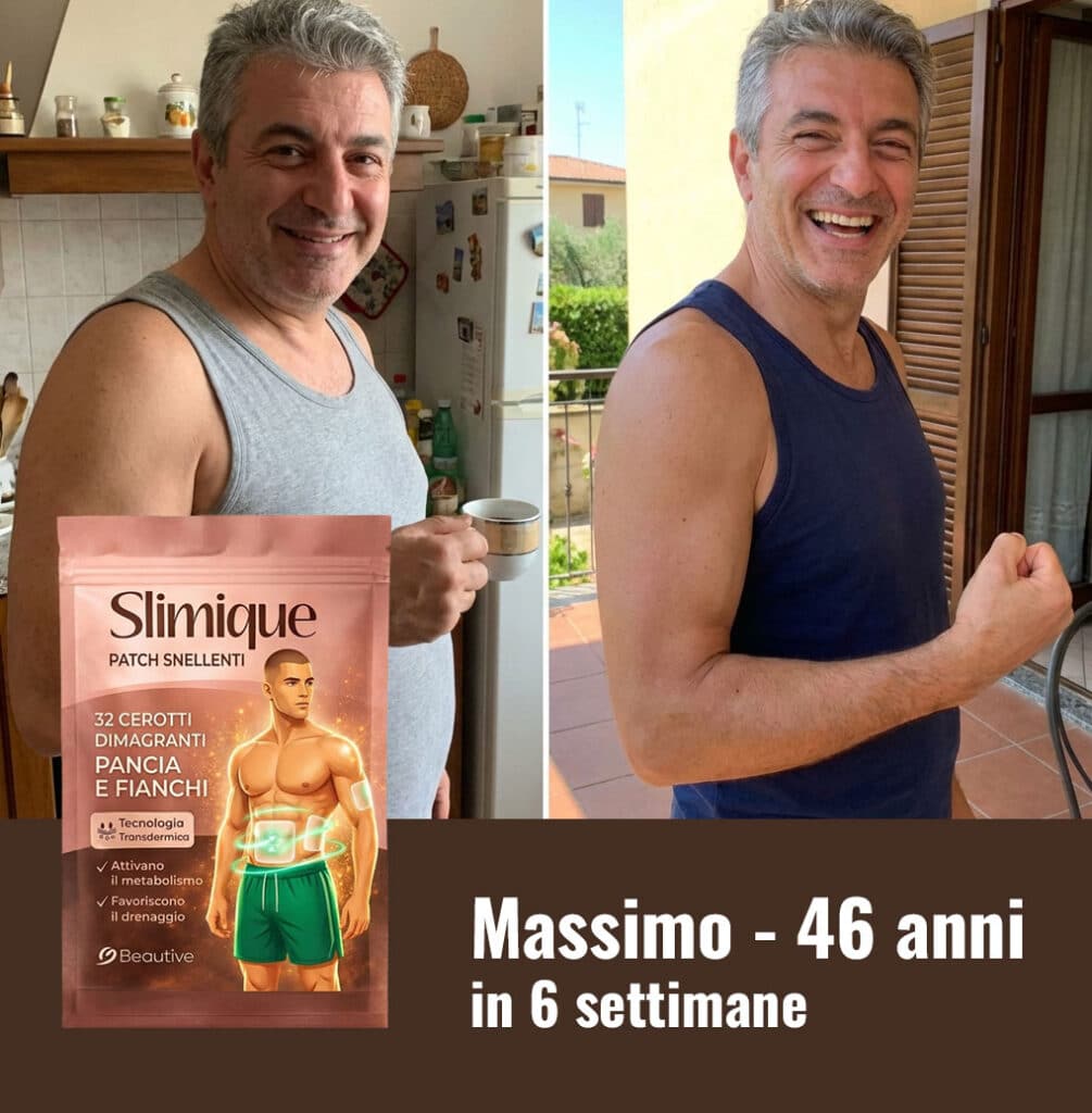 Uomo di 46 anni che mostra i risultati di Slimique in 6 settimane.
