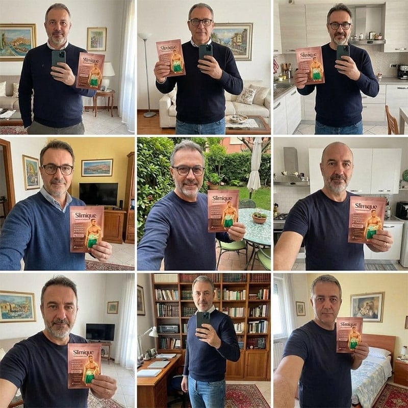 Uomini che mostrano il prodotto Slimique uomo in diverse ambientazioni.