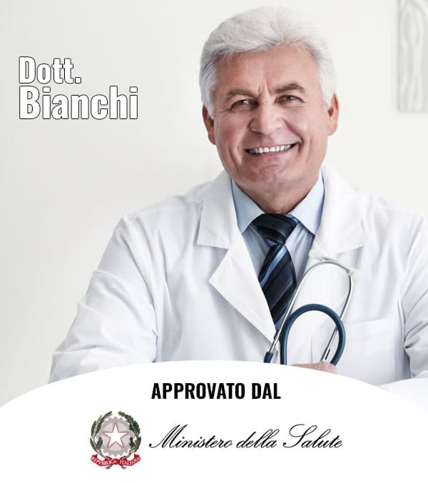 Dott. Bianchi, professionista in erboristeria, sorridente con camice bianco e stetoscopio.