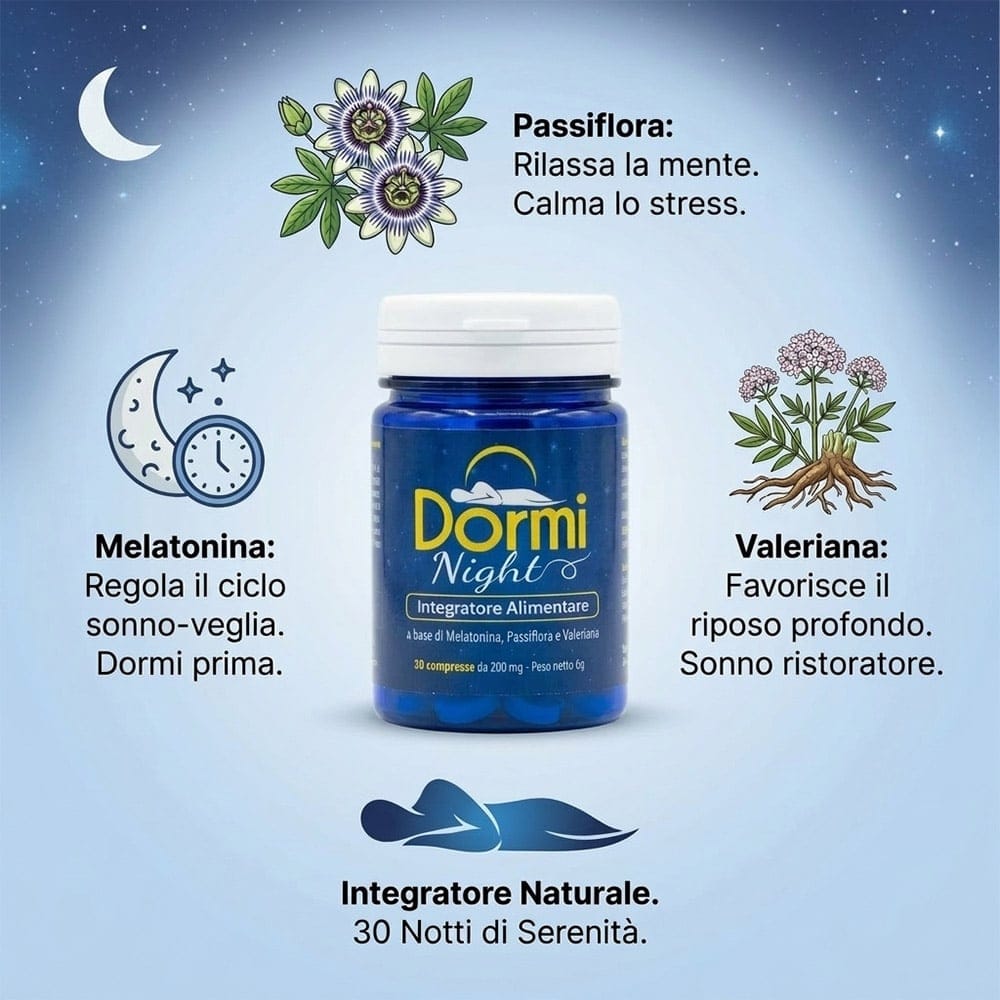 Integratore DormiNight con Passiflora, Melatonina e Valeriana per il sonno.