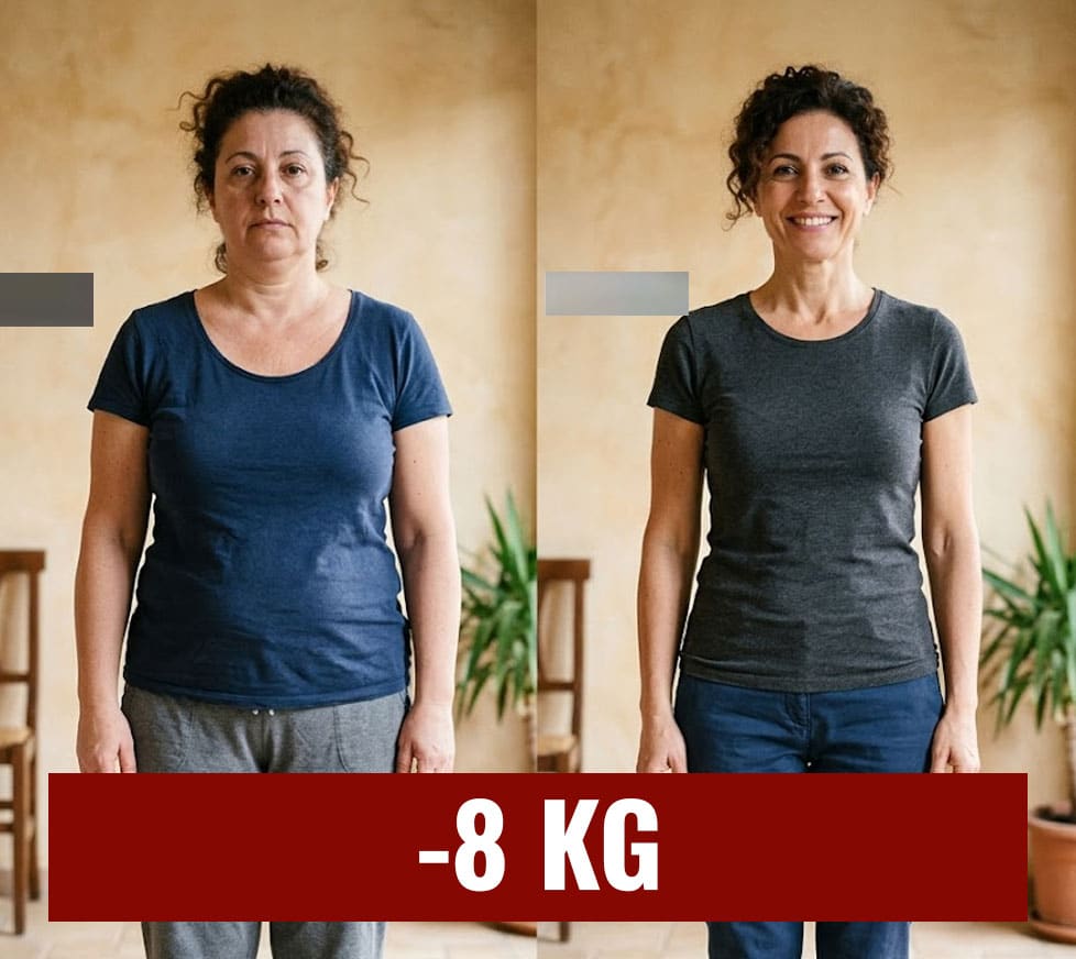 Donna prima e dopo la perdita di peso di 8 kg.