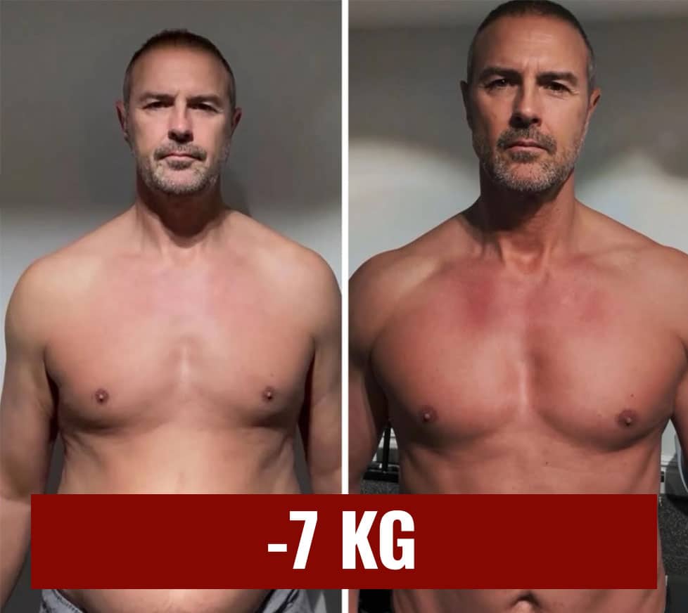 Uomo prima e dopo perdita di 7 kg, trasformazione visibile.