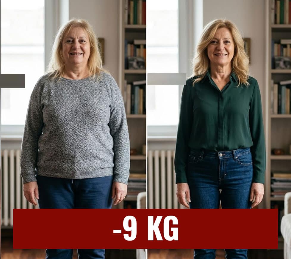 Donna prima e dopo perdita di peso di 9 kg, miglioramento della forma fisica.