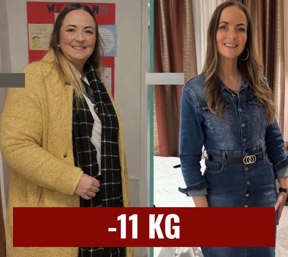 Donna felice prima e dopo perdita di peso di 11 kg.