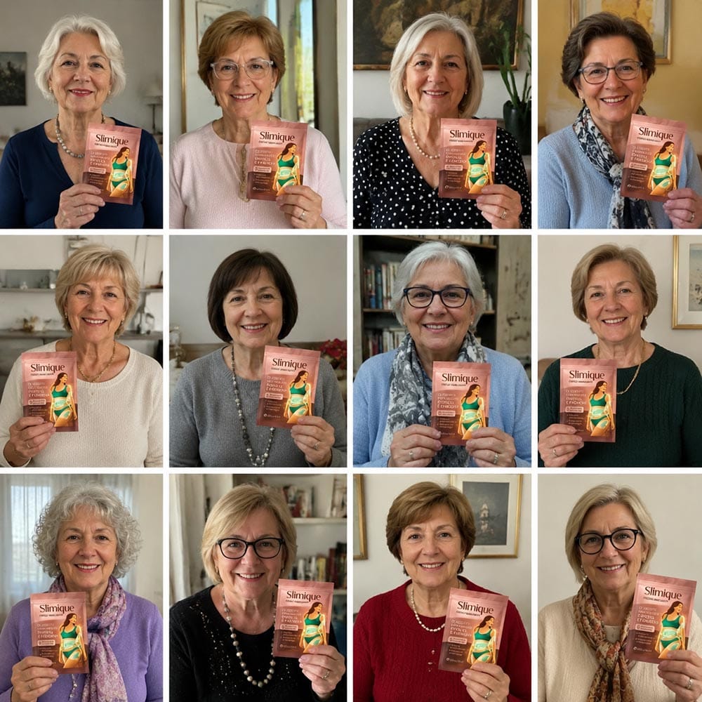Donne anziane con prodotto Slimique 60 in mano, sorridenti e felici.