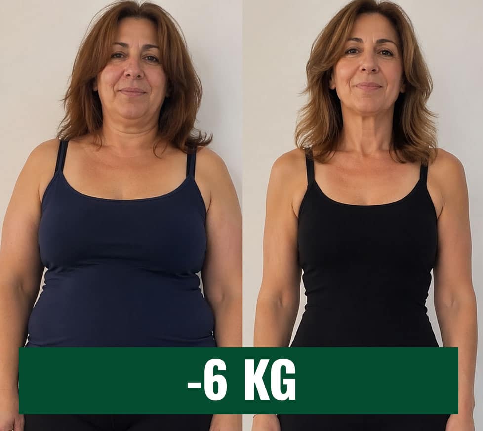 Donna prima e dopo perdita di 6 kg, miglioramento forma fisica.