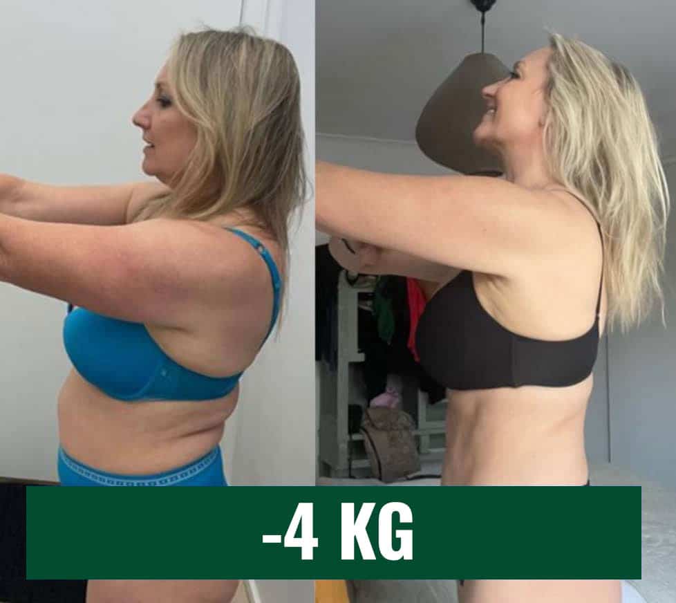Donna che mostra perdita di peso di 4 kg prima e dopo.