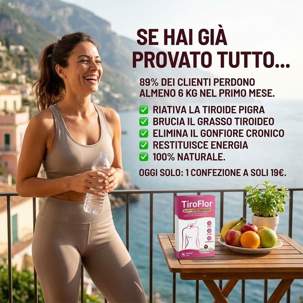 Donna felice con acqua, vista mare e integratore Tiroflor.