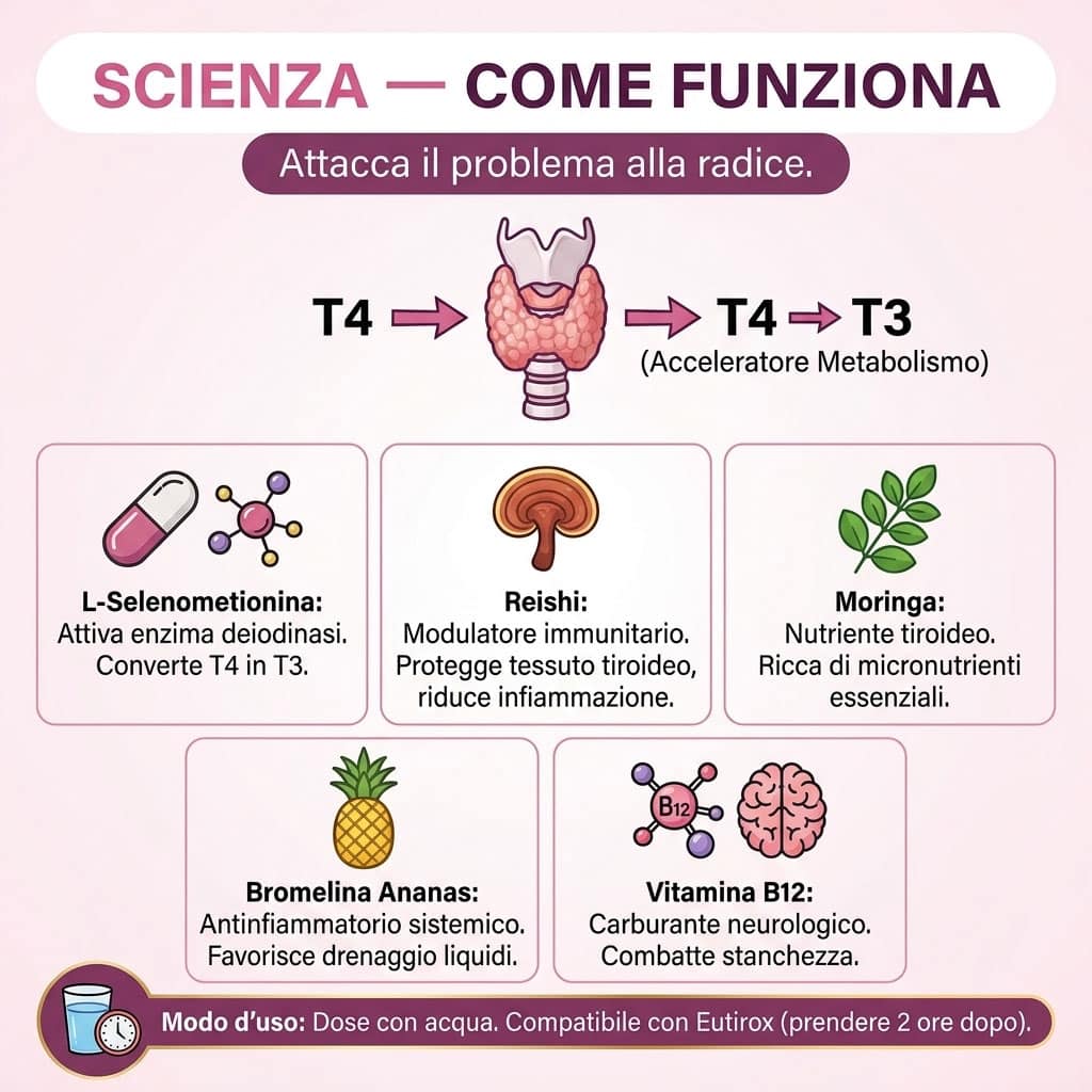 Schema sulla funzione della tiroide e rimedi naturali come Moringa e Vitamina B12.
