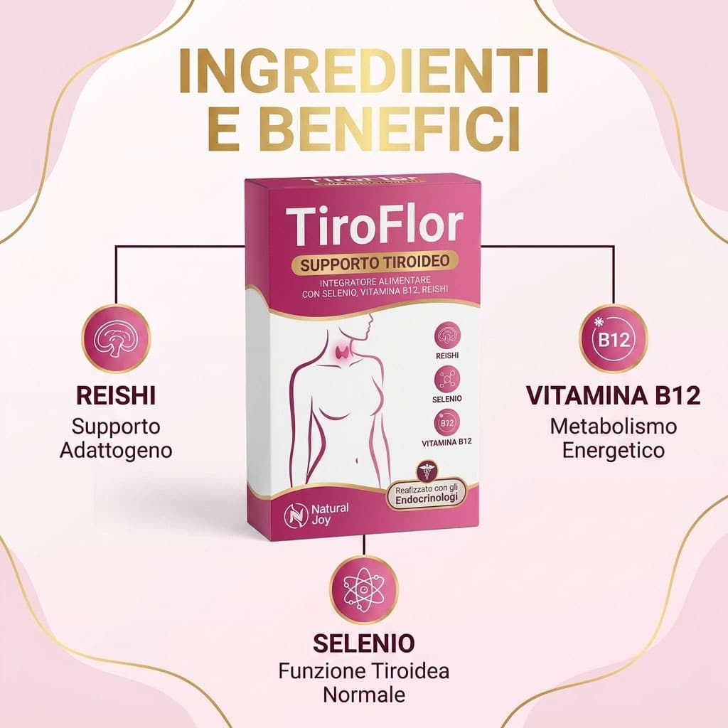 Integratore TiroFlor con Reishi, Selenio e Vitamina B12 per la salute tiroidea.