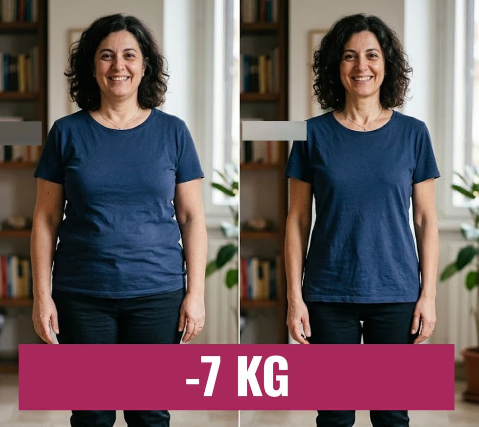 Donna felice prima e dopo la perdita di peso di 7 kg.